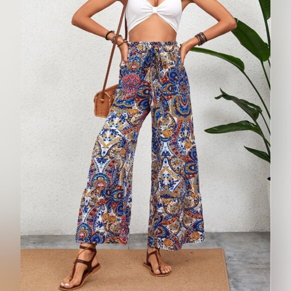 Paisley Print Belted Ruffle Wide Leg Pants - Picture 4 of 9
